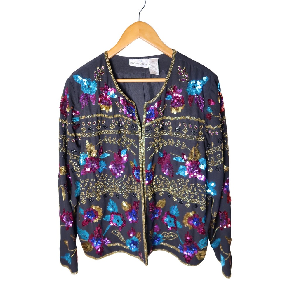Drapers & Damons Vintage Silk Beaded Floral Evening Jacket Black XL Excellent